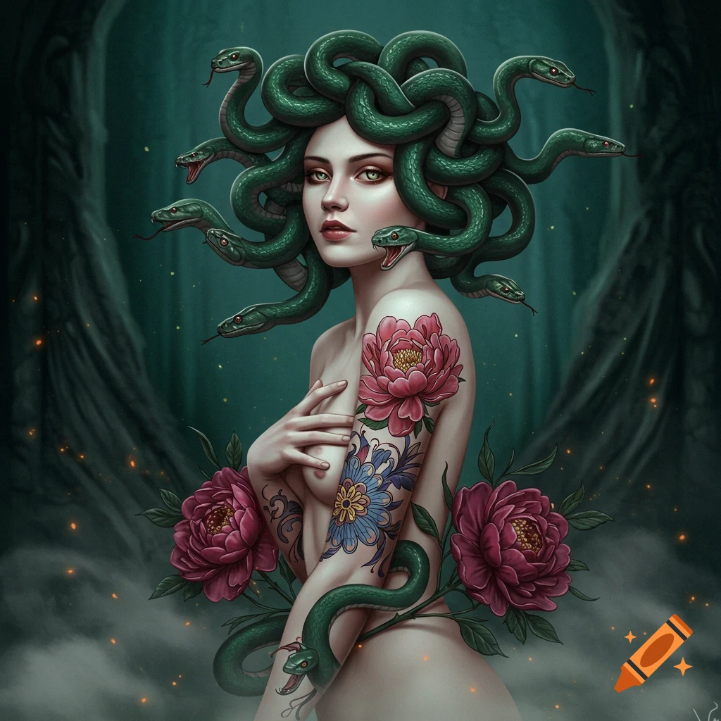A fantasy digital painting of Medusa with green snakes for hair and pink and blue floral tattoos on her arm, set against a dark, mystical forest background.