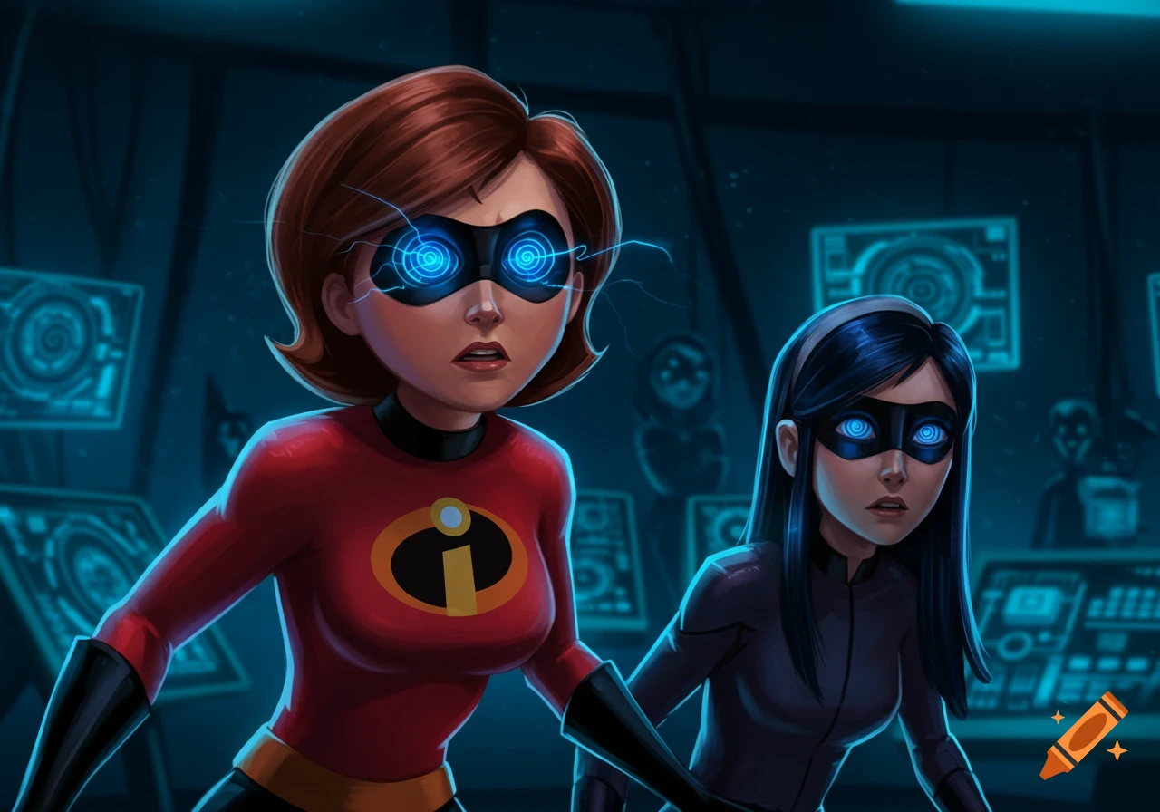 Elastigirl and Violet from The Incredibles, wearing their superhero suits, appear hypnotized with glowing blue eyes in a dark room filled with monitors.