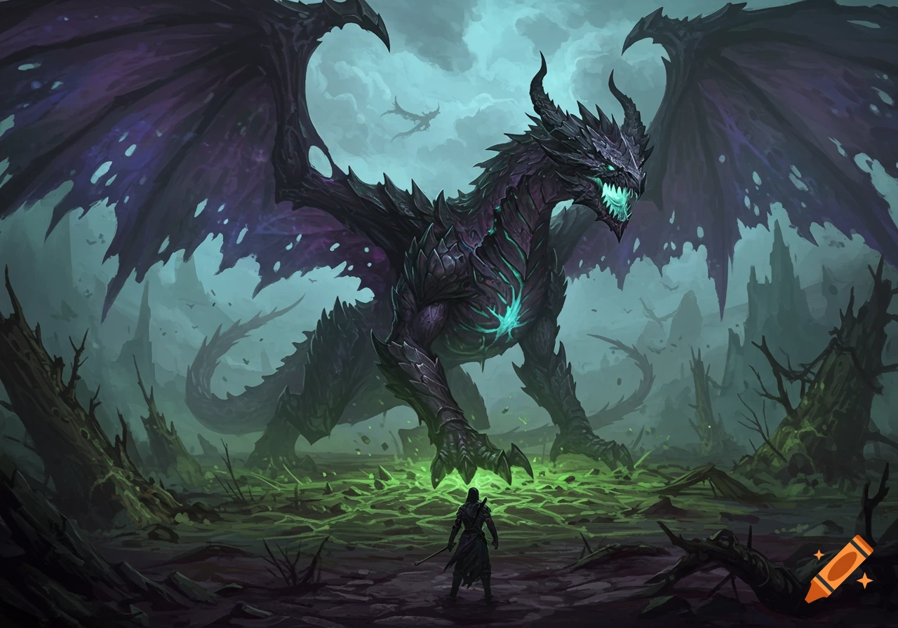 A colossal black dragon with glowing green eyes and chest faces a lone figure in a desolate, mist-shrouded landscape with glowing green pools.