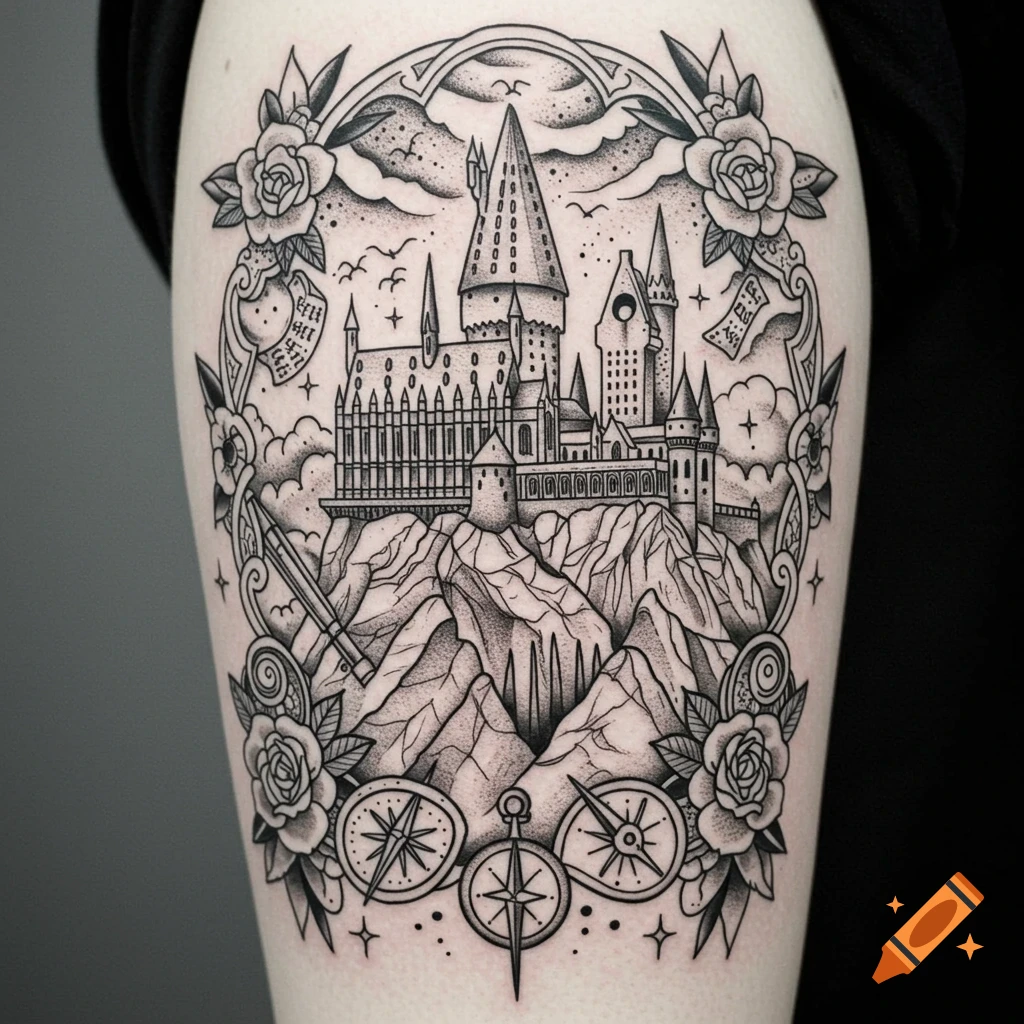 A detailed black and white traditional tattoo featuring Hogwarts castle on a mountain with roses and compasses.