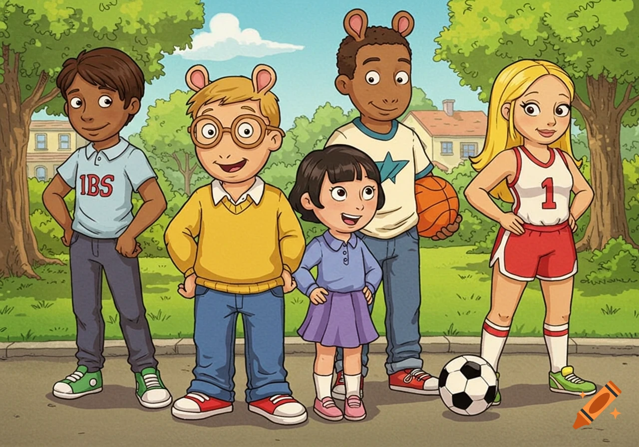 Five humanized cartoon children, resembling characters from Arthur, stand on a street with trees and houses in the background. One boy holds a basketball, and a soccer ball is on the ground.