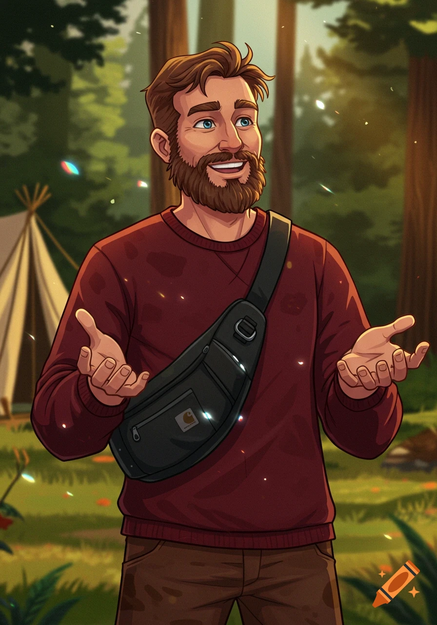 An illustration of a smiling man with a beard and blue eyes wearing a maroon sweatshirt and black sling bag, standing in a forest with a tent in the background.