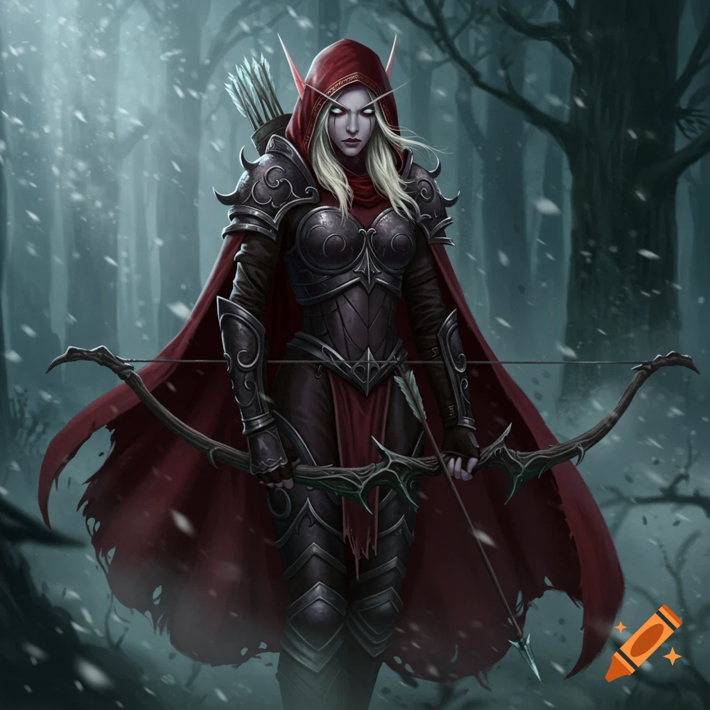 A fantasy elf archer in dark armor and a red cape stands holding a bow in a snowy forest, digital art style.