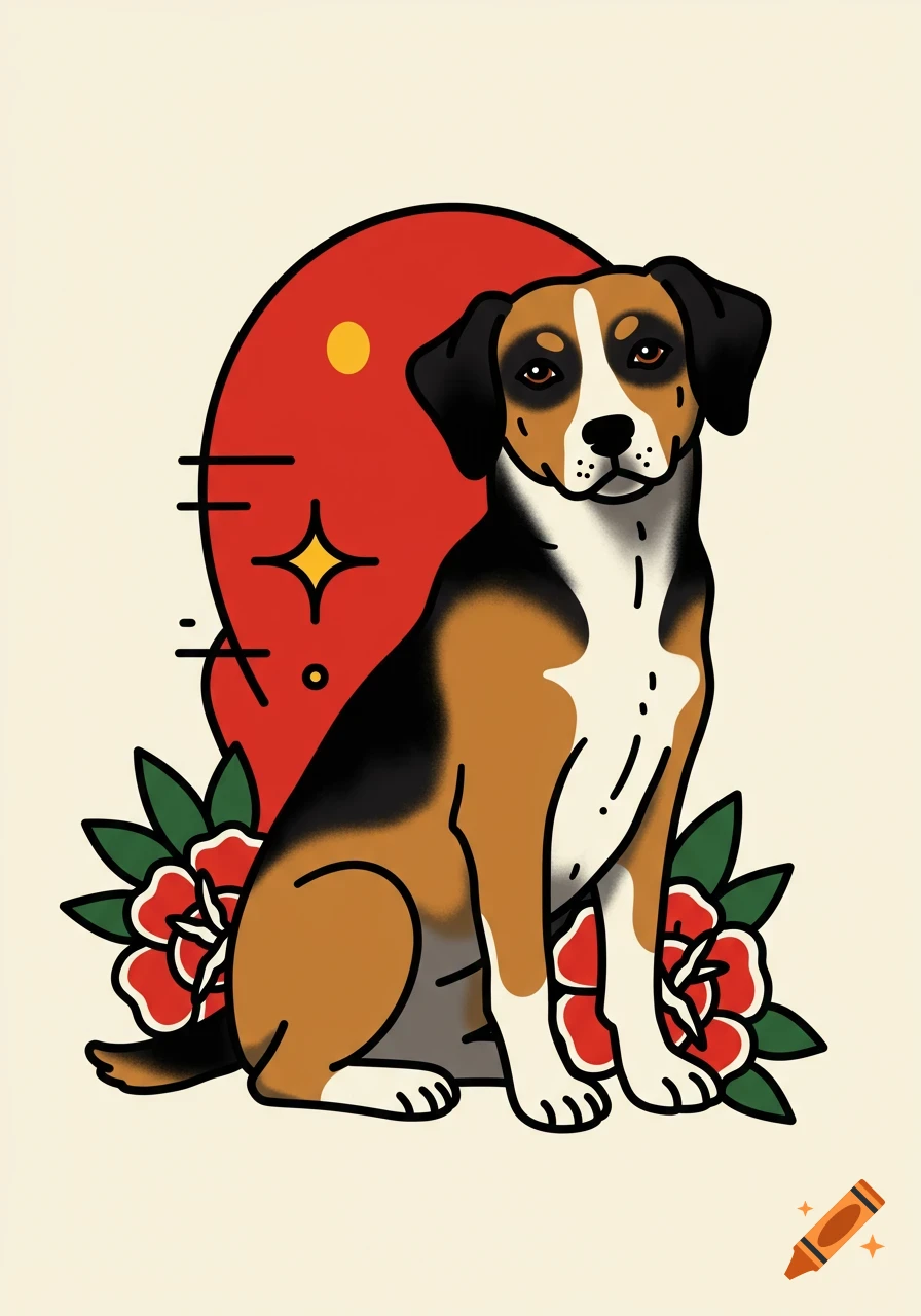 An American traditional tattoo illustration of a brown, white, and black dog sitting against a red sun and roses.
