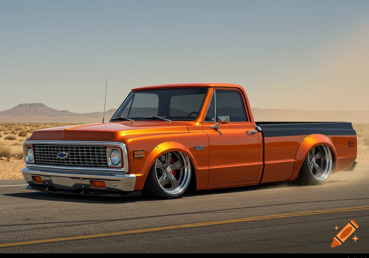 A custom metallic orange lowered pickup truck with fender flares and large wheels on a desert road under a clear sky.
