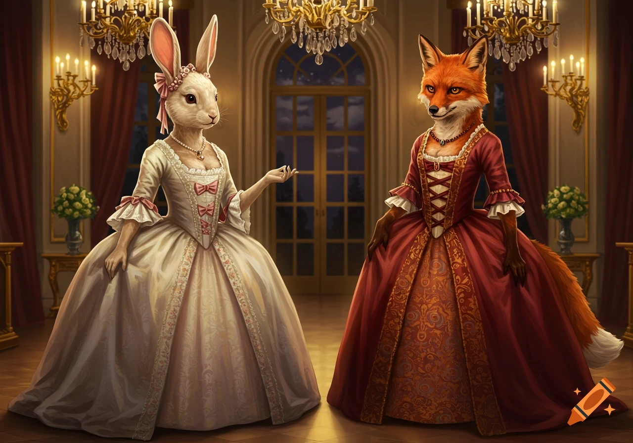 A rabbit lady and a fox lady in elaborate 1700s ball gowns stand in a grand, chandelier-lit ballroom.