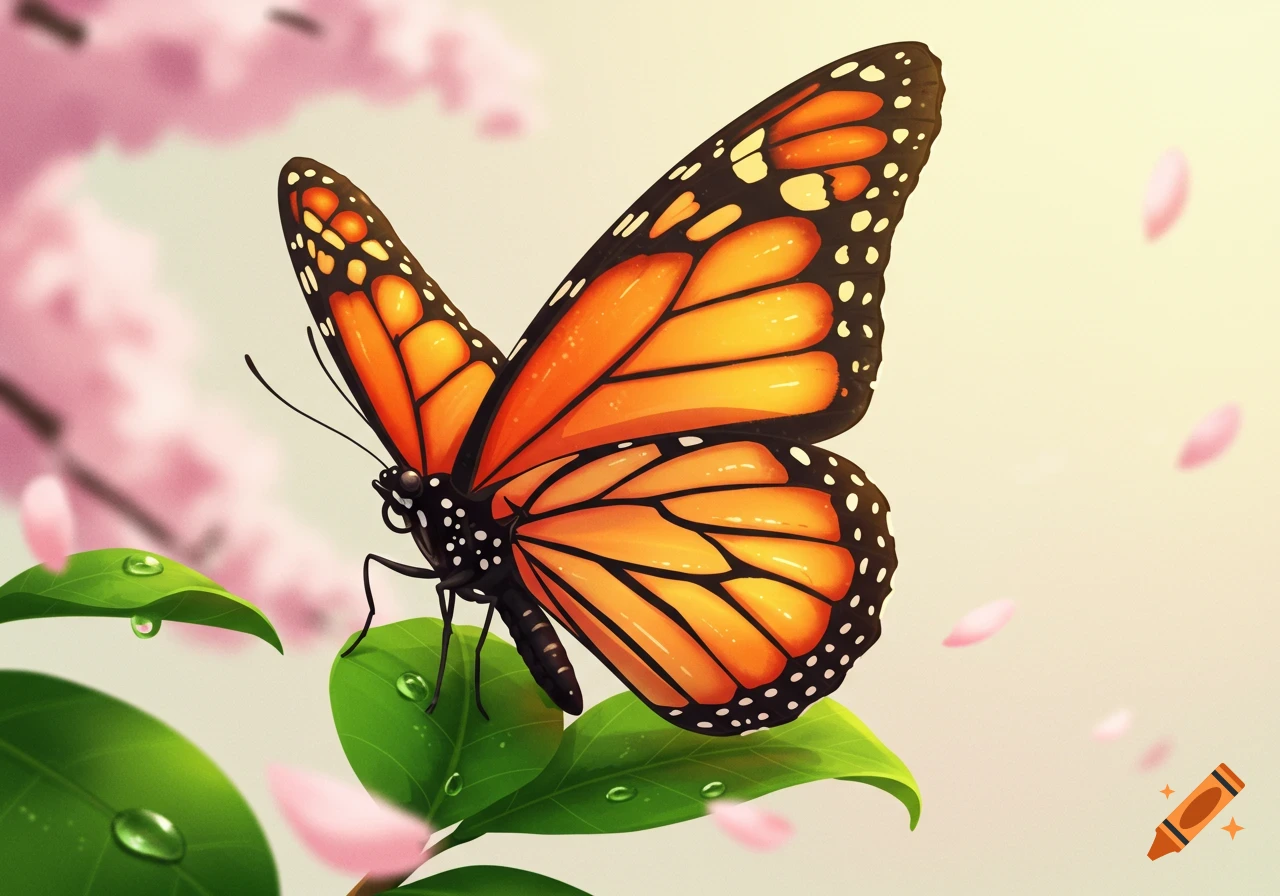 A vibrant monarch butterfly rests on green leaves with water droplets, with soft pink blossoms in the background in Japanese anime style.