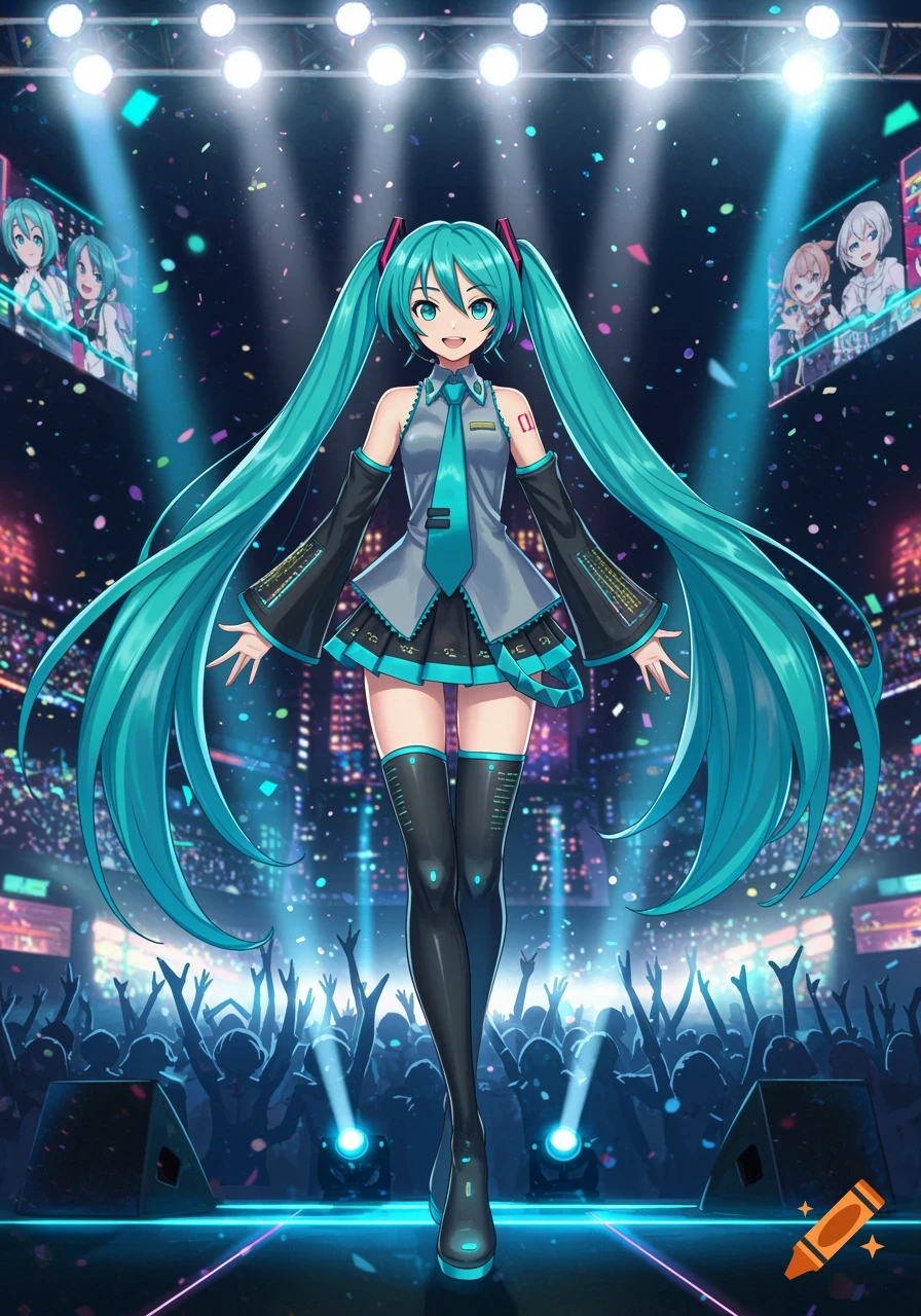 Hatsune Miku performing on a brightly lit stage with a cheering crowd and falling confetti, in an anime style.