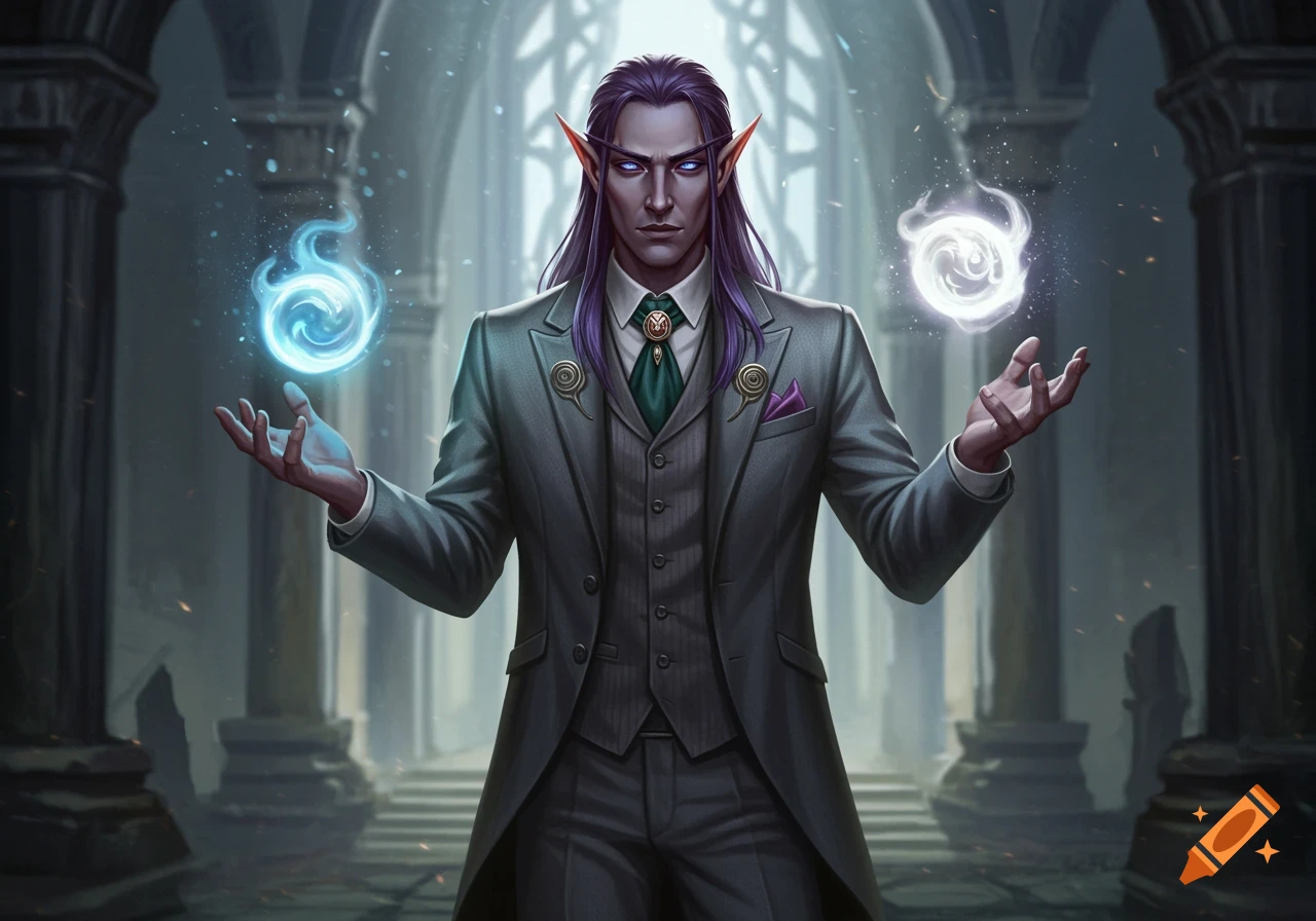 A dark elf in a suit holds swirling blue and white magical orbs in an ancient hall.