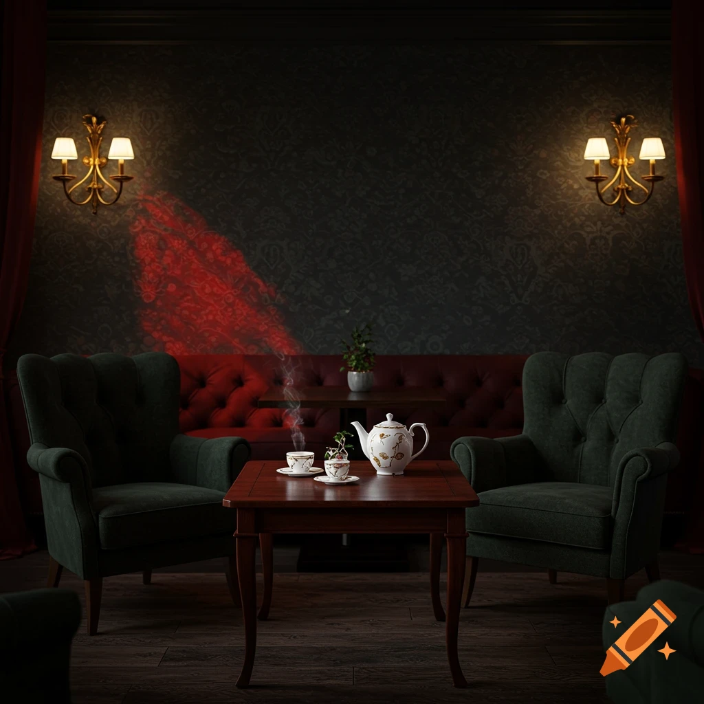A dimly lit luxurious coffee shop interior with dark green armchairs, a wooden coffee table with a teapot and cups, and a red tufted sofa against a dark patterned wall.
