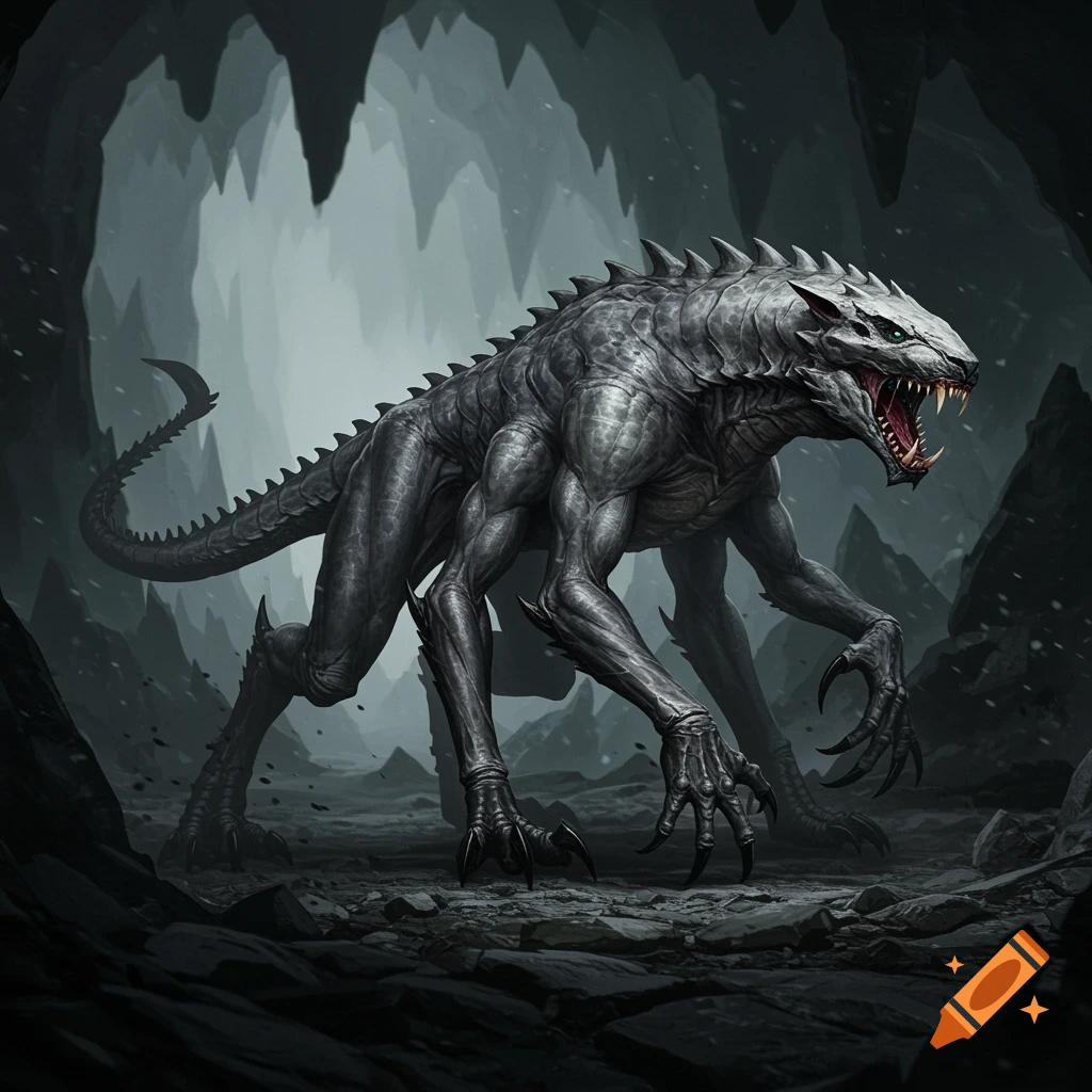 A fierce, six-legged, gray, panther-like monster with sharp teeth and claws snarls in a dark, rocky cave.