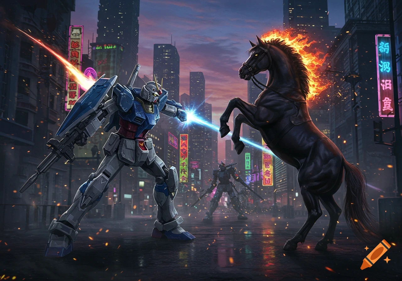 A Gundam robot battles a rearing black horse with a flaming mane in a neon-lit futuristic city at dusk.