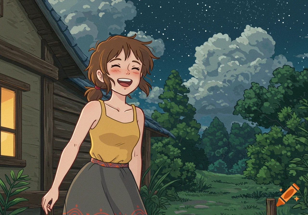 A young woman with light brown hair laughs in a Ghibli-style outdoor setting at night, with a rustic building and trees.