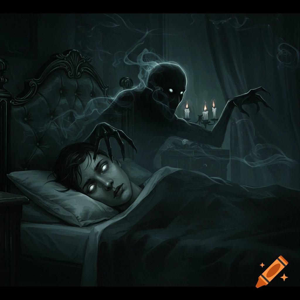 A gothic illustration of a person with white eyes sleeping in a dark room while a shadowy, glowing-eyed specter rises above them.