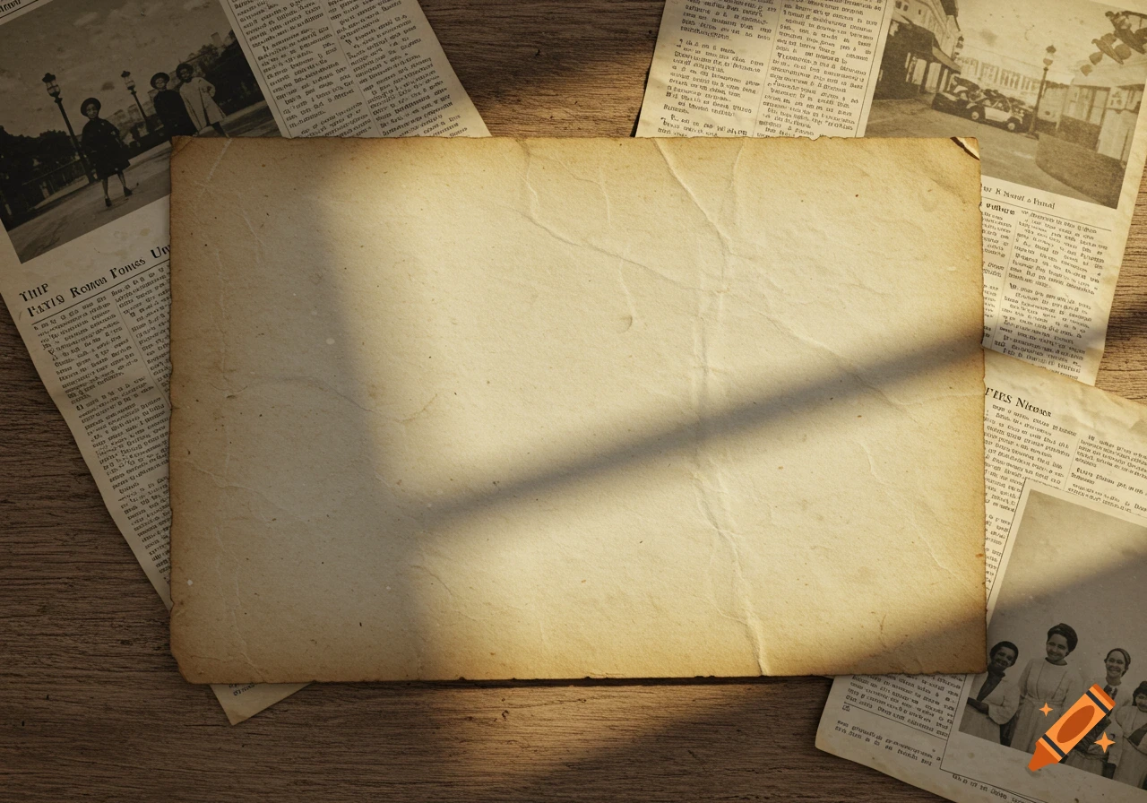 Blank vintage paper on a wooden table, surrounded by old newspaper pages with soft shadows.