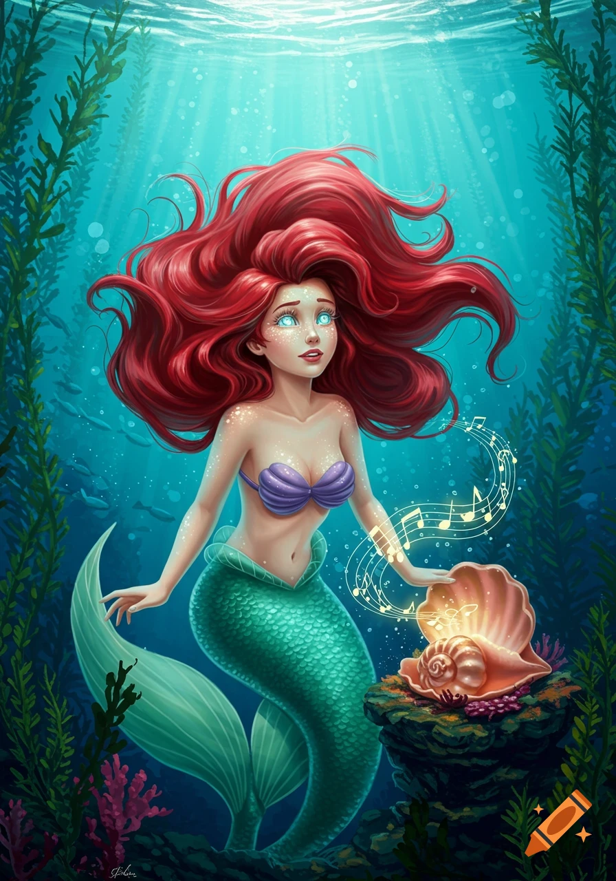 A colorful illustration of Ariel the mermaid with bright red hair and glowing blue eyes, reaching for a shimmering conch shell that emits musical notes, all set in a vibrant underwater scene.