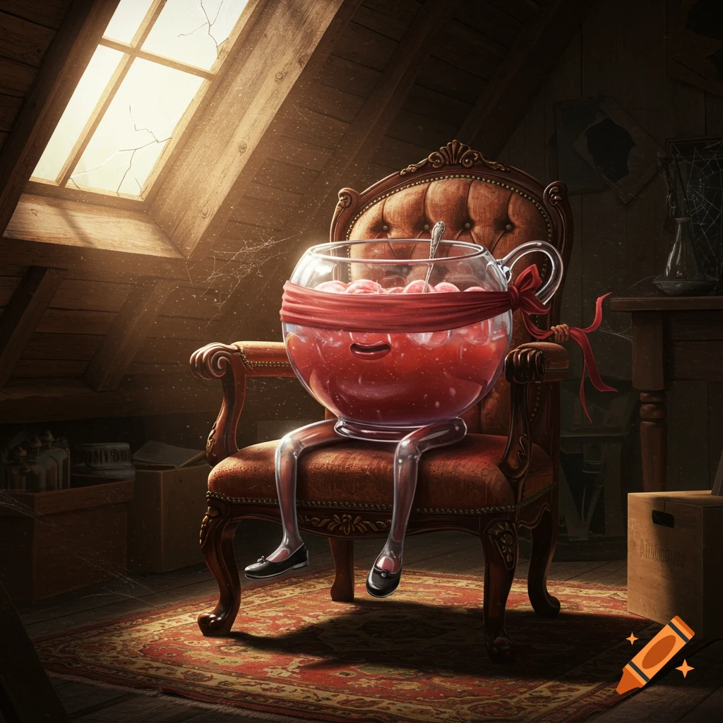 A personified glass punch bowl, filled with red liquid and fruit, wears a red blindfold and is tied with ribbons to an antique armchair in a dusty, sunlit attic room.