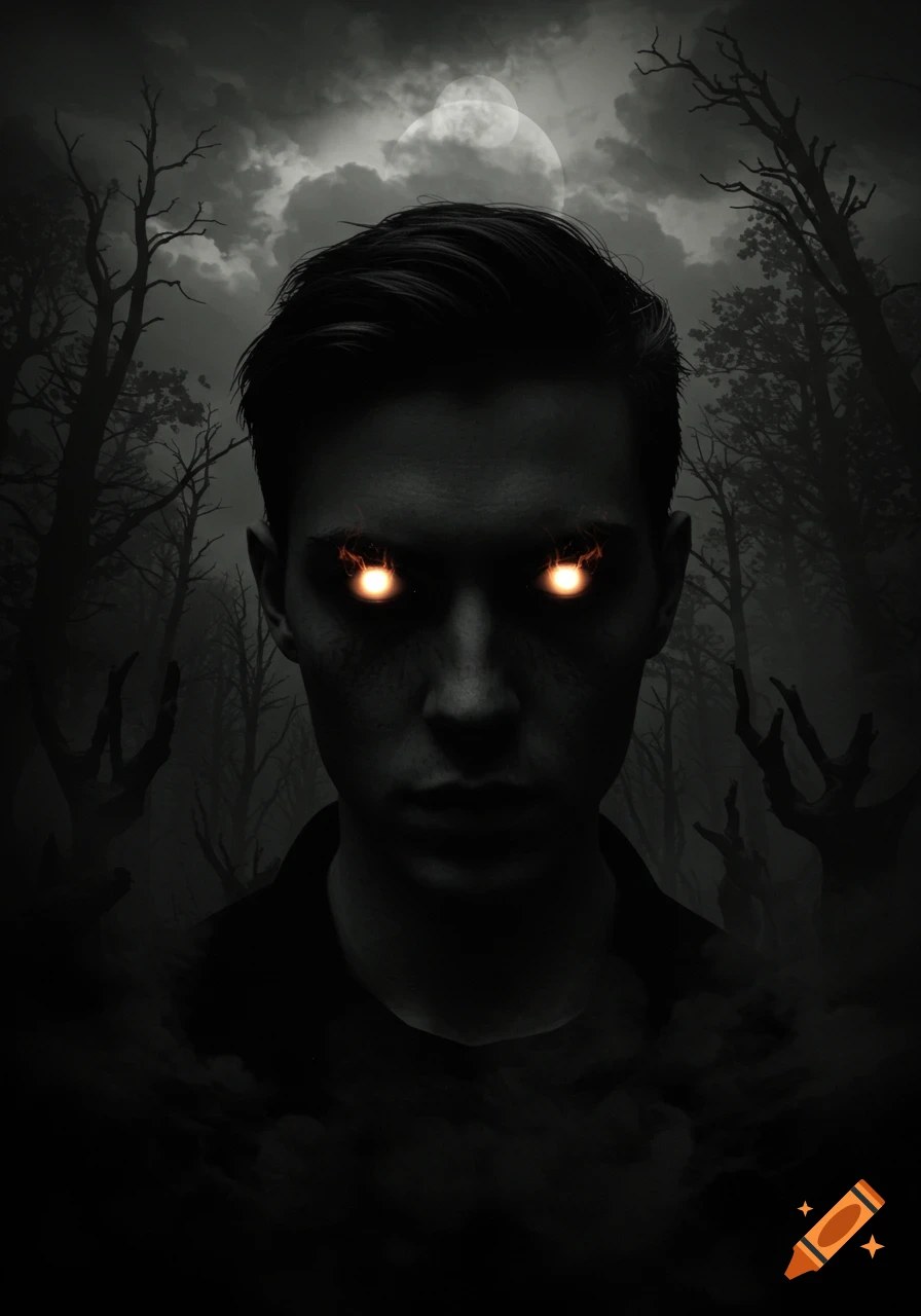 A dark portrait of a person with glowing orange eyes standing in a spooky forest at night with shadowy hands reaching up.