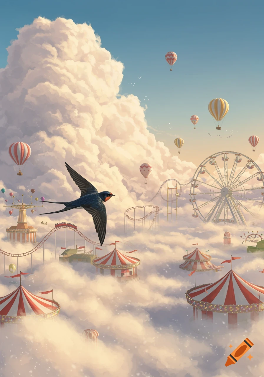 A swallow flies through a whimsical fairground in the clouds with hot air balloons, carousels, and rollercoasters.