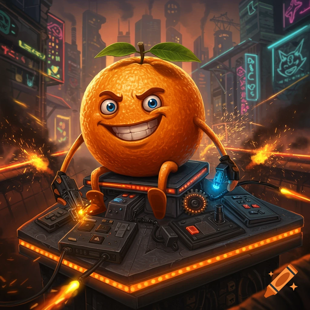 A smiling cartoon orange with arms and legs, sits at a control panel firing orange sparks, in a detailed cyberpunk city at dusk.
