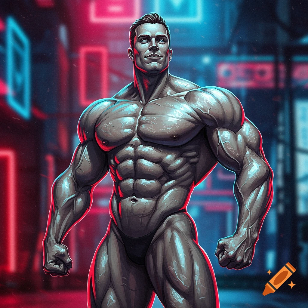 A highly muscular male bodybuilder with chiseled abs and biceps stands confidently amidst red and blue neon lights in a stylized art style.