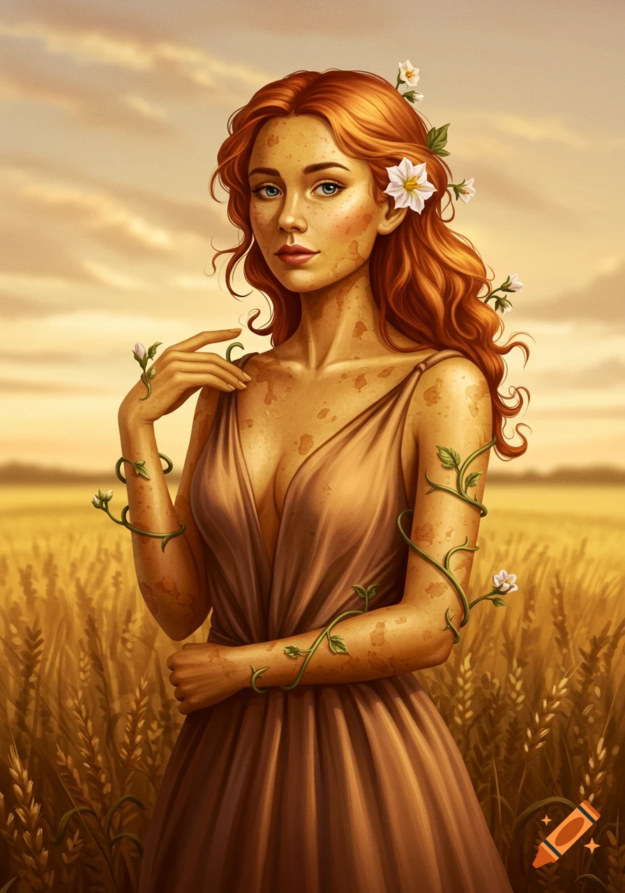 A beautiful woman with reddish hair and potato-like skin stands in a golden wheat field, adorned with vines and white flowers.