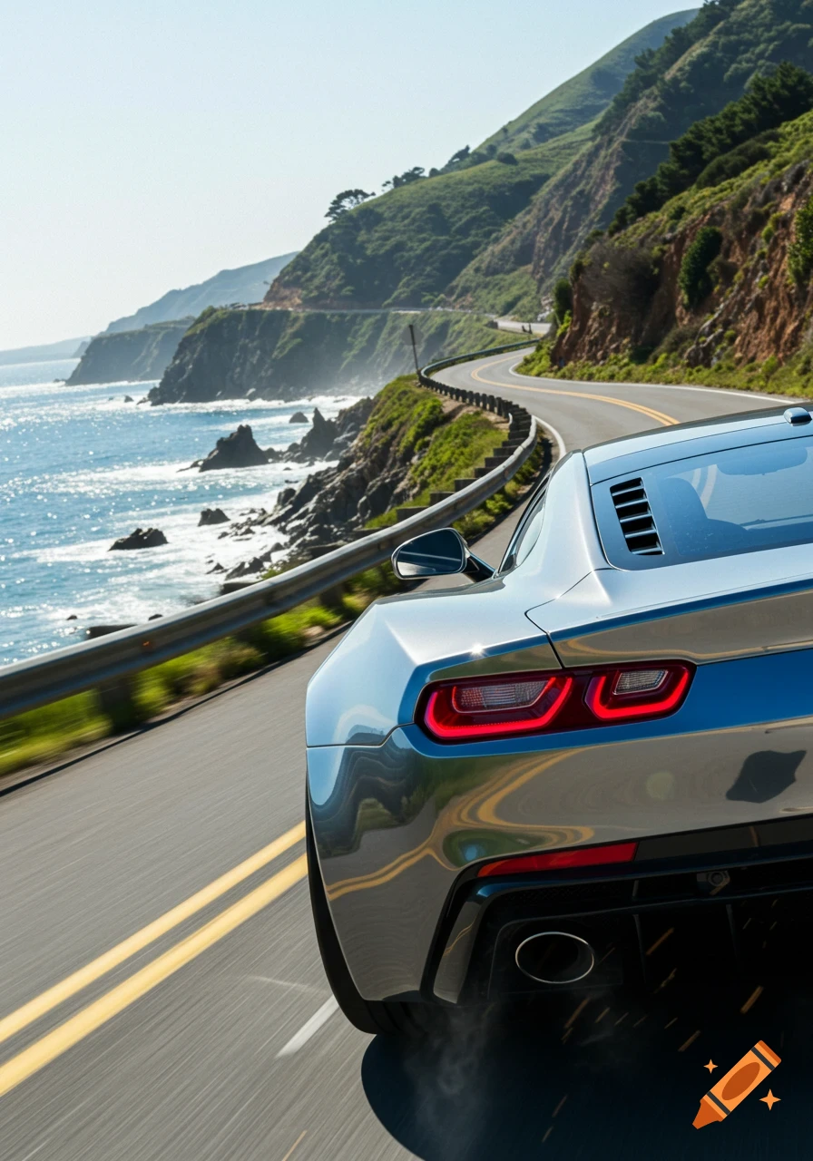 Rear view of a silver sports car driving on a winding coastal highway overlooking the ocean and green mountains.