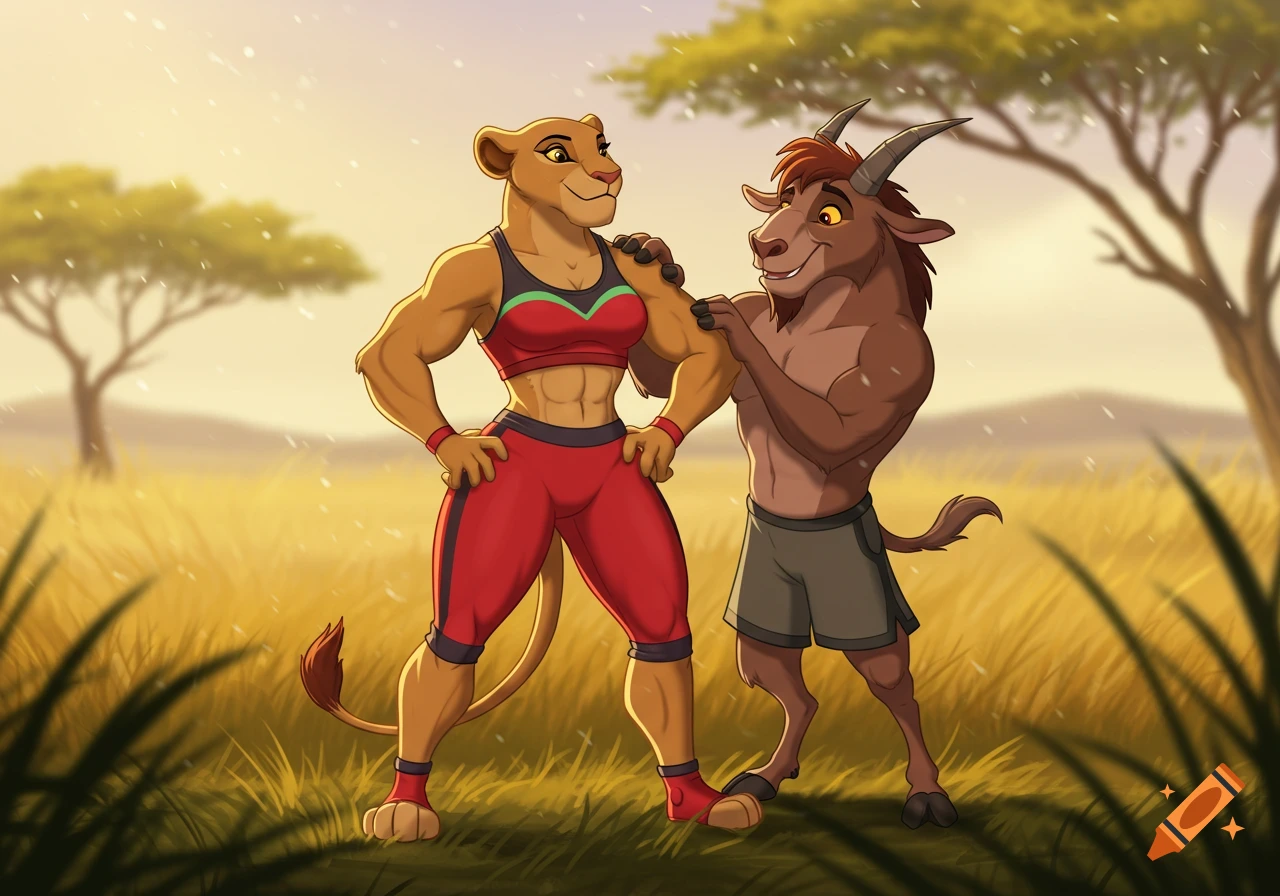 A muscular anthropomorphic lioness in red sportswear flexes her bicep while a male goat massages her arm in a 2D animated savanna scene.