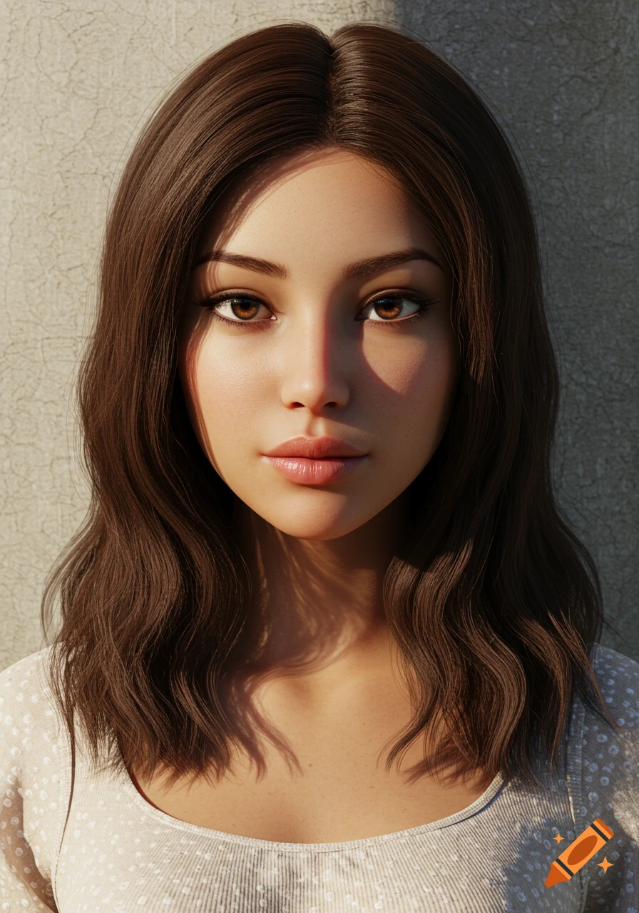 Close-up photorealistic portrait of a young woman with long brown hair and brown eyes, looking forward, against a textured wall in sunlight.
