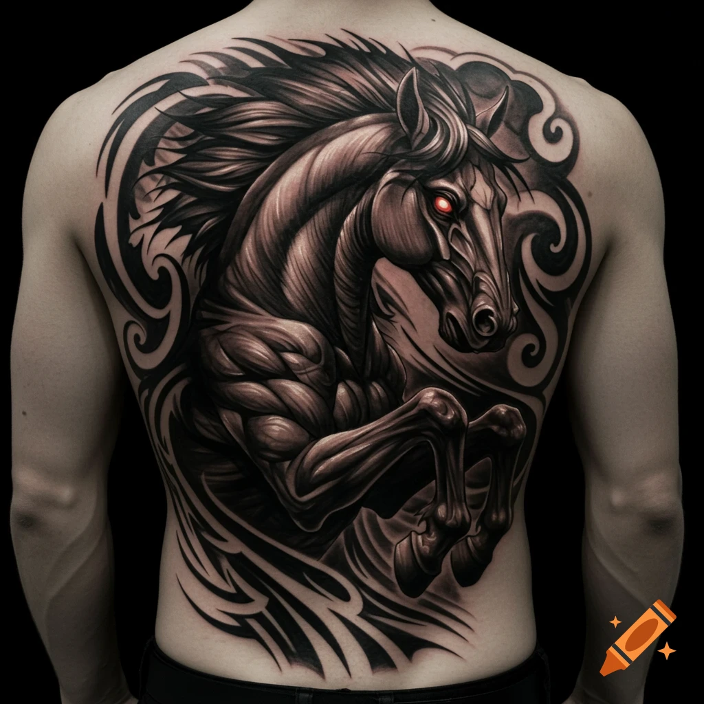 Detailed black and white tattoo of a rearing horse with glowing red eyes on a person's back, surrounded by tribal patterns.