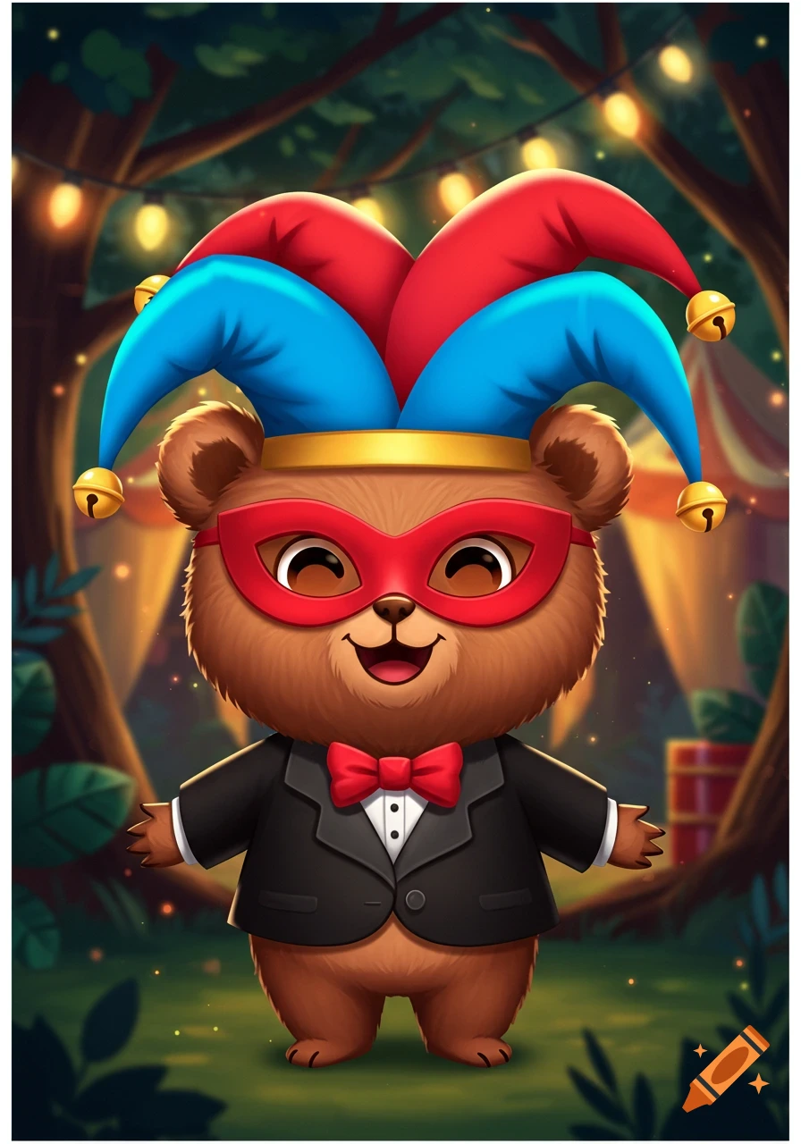 A cute cartoon bear wearing a red mask, a black tuxedo with a red bow tie, and a blue and red jester hat with bells, standing in a forest with string lights.