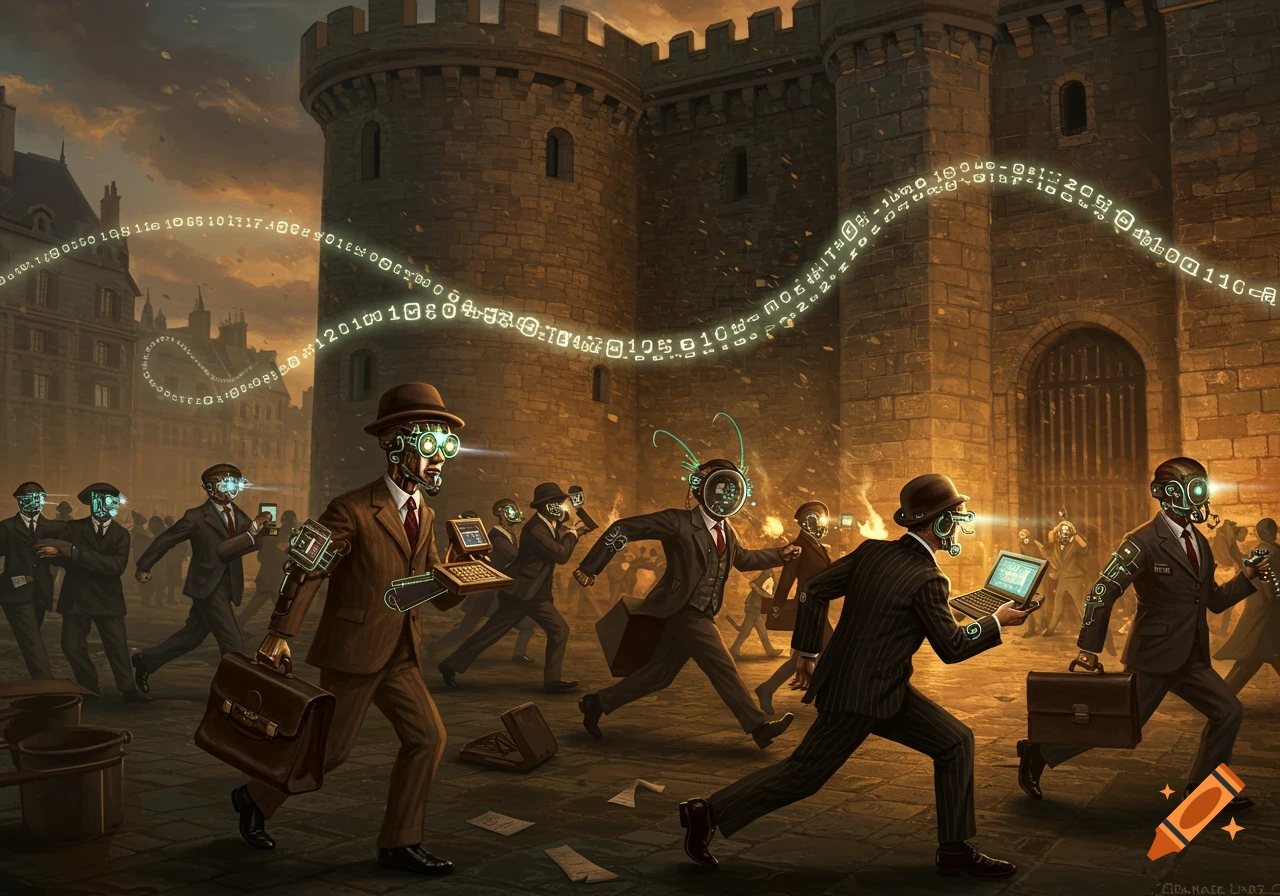 Steampunk-style cyborg men in 1920s suits and bowler hats run towards a stone fortress as glowing binary code streams through the air.