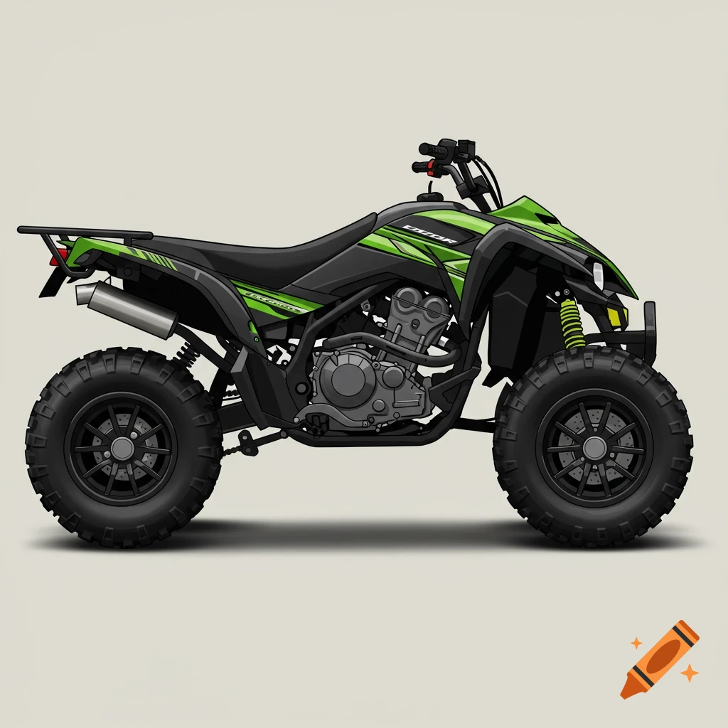 A side view drawing of a green and black ATV with large wheels against a plain background.
