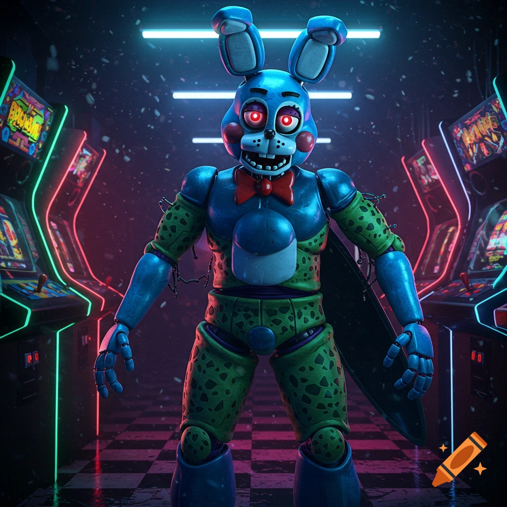 A terrifying blue animatronic bunny with glowing red eyes and a green spotted body stands in a neon-lit arcade.