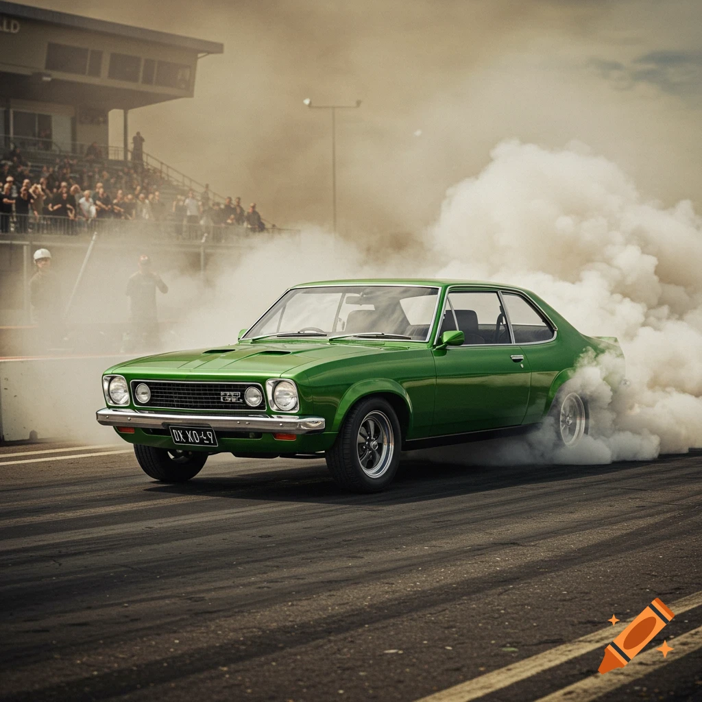 A vibrant green vintage car, possibly an LC Torana, performs a smoky burnout on a race track with spectators in the background.