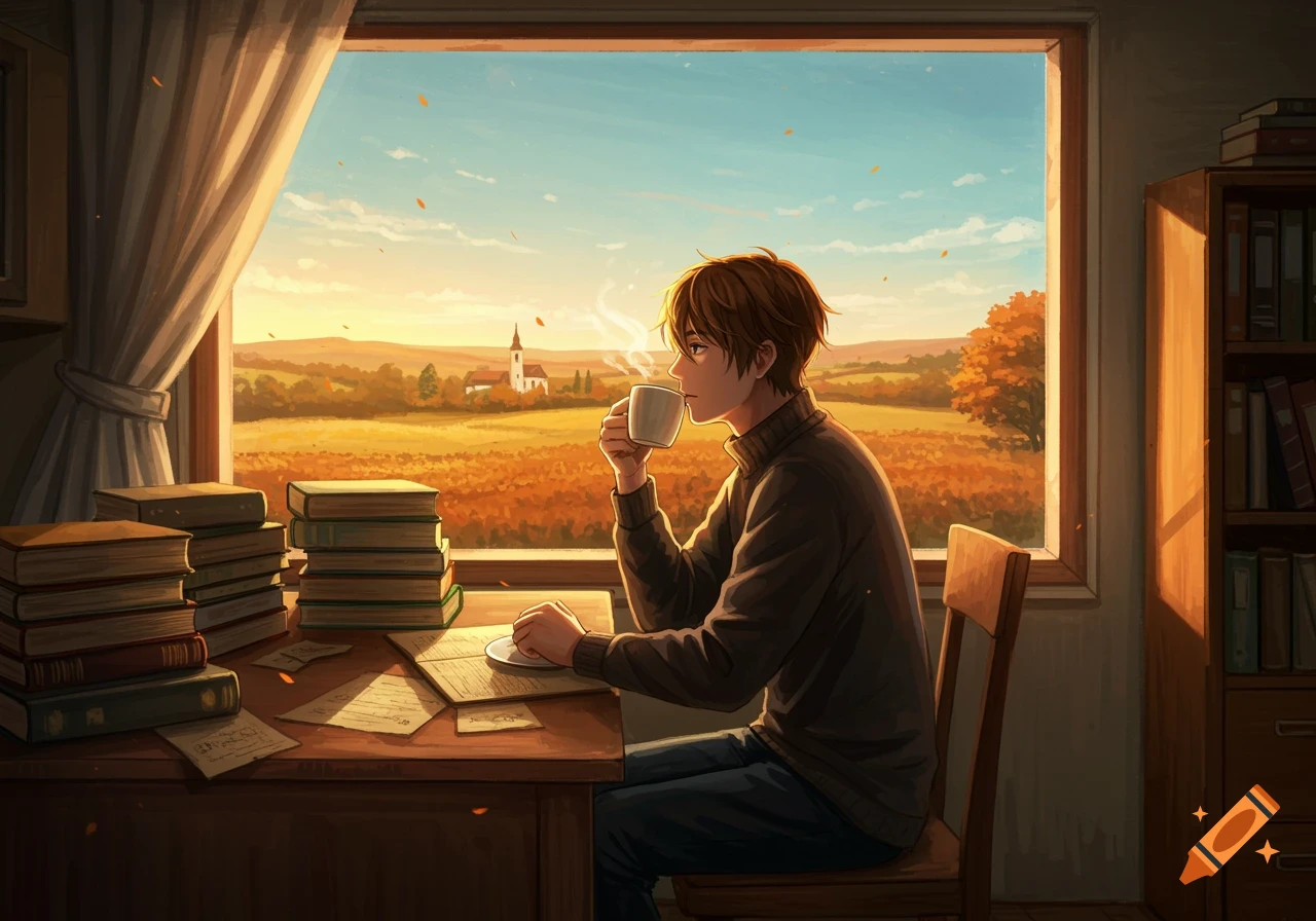 Anime style illustration of a male character at a desk, looking out a window at a vibrant autumn landscape with a church.