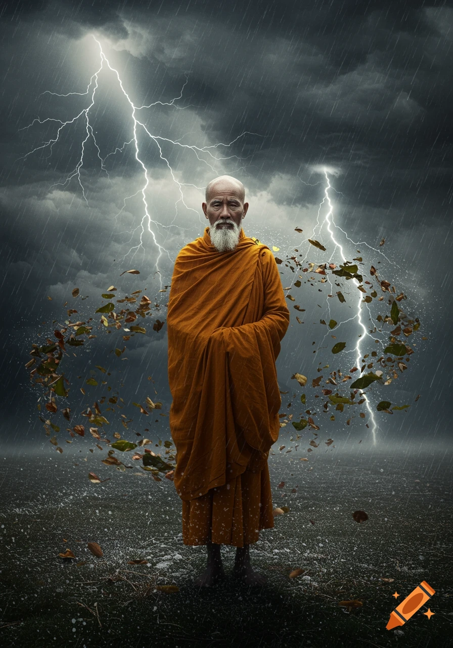 A calm monk in orange robes stands amidst a severe thunderstorm with lightning and swirling leaves, rendered hyper-realistically.