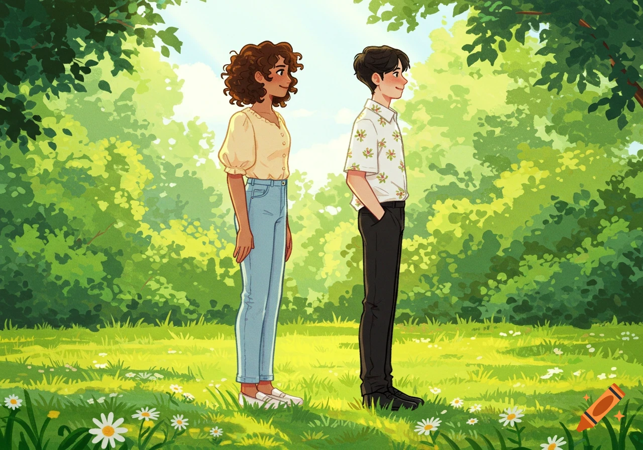 A stylized cartoon shows a woman and a man standing apart, facing away from each other, in a sun-dappled green park with trees and daisies.