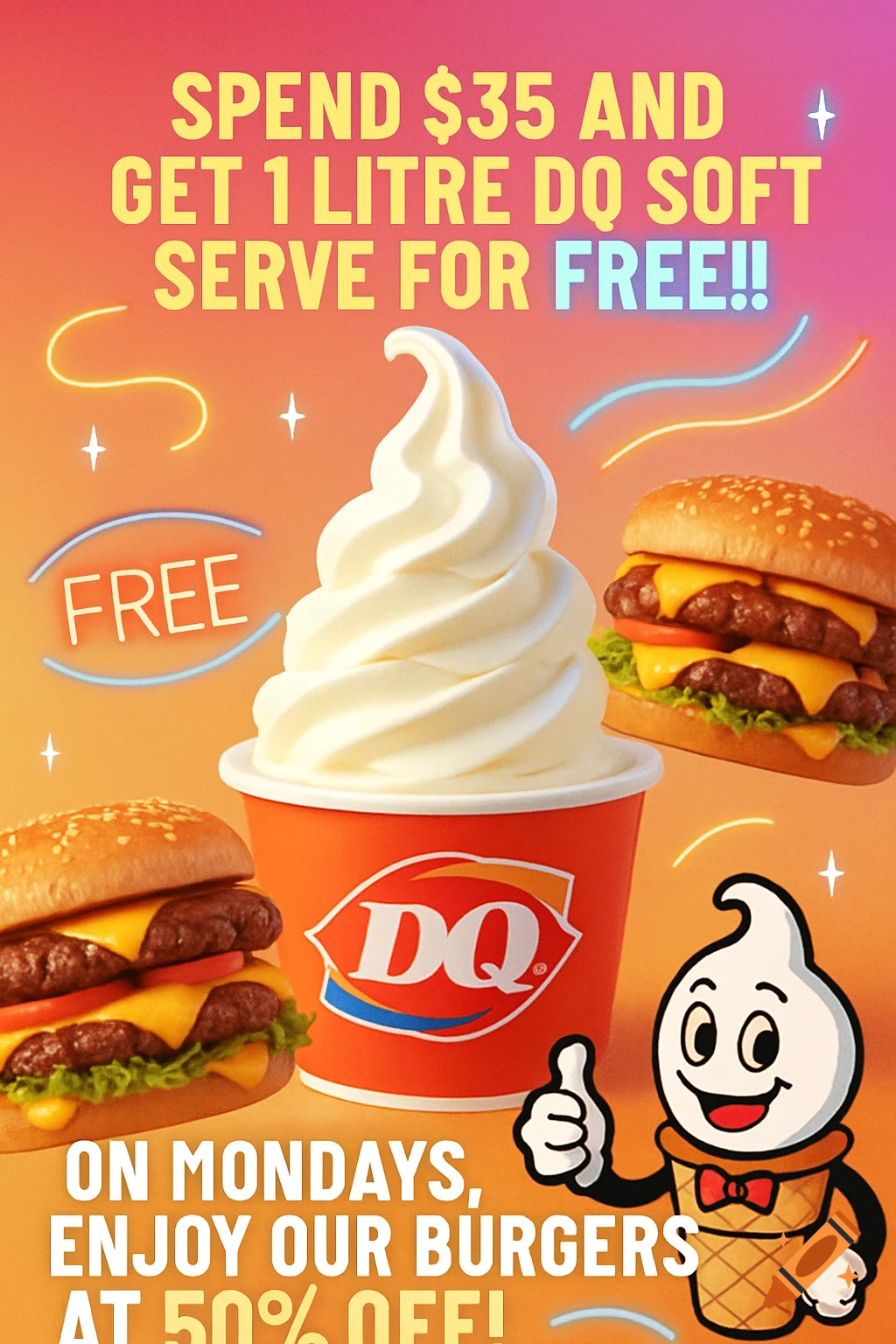 Dairy Queen promotional image featuring soft-serve ice cream, two cheeseburgers, and a cartoon character on a vibrant background.
