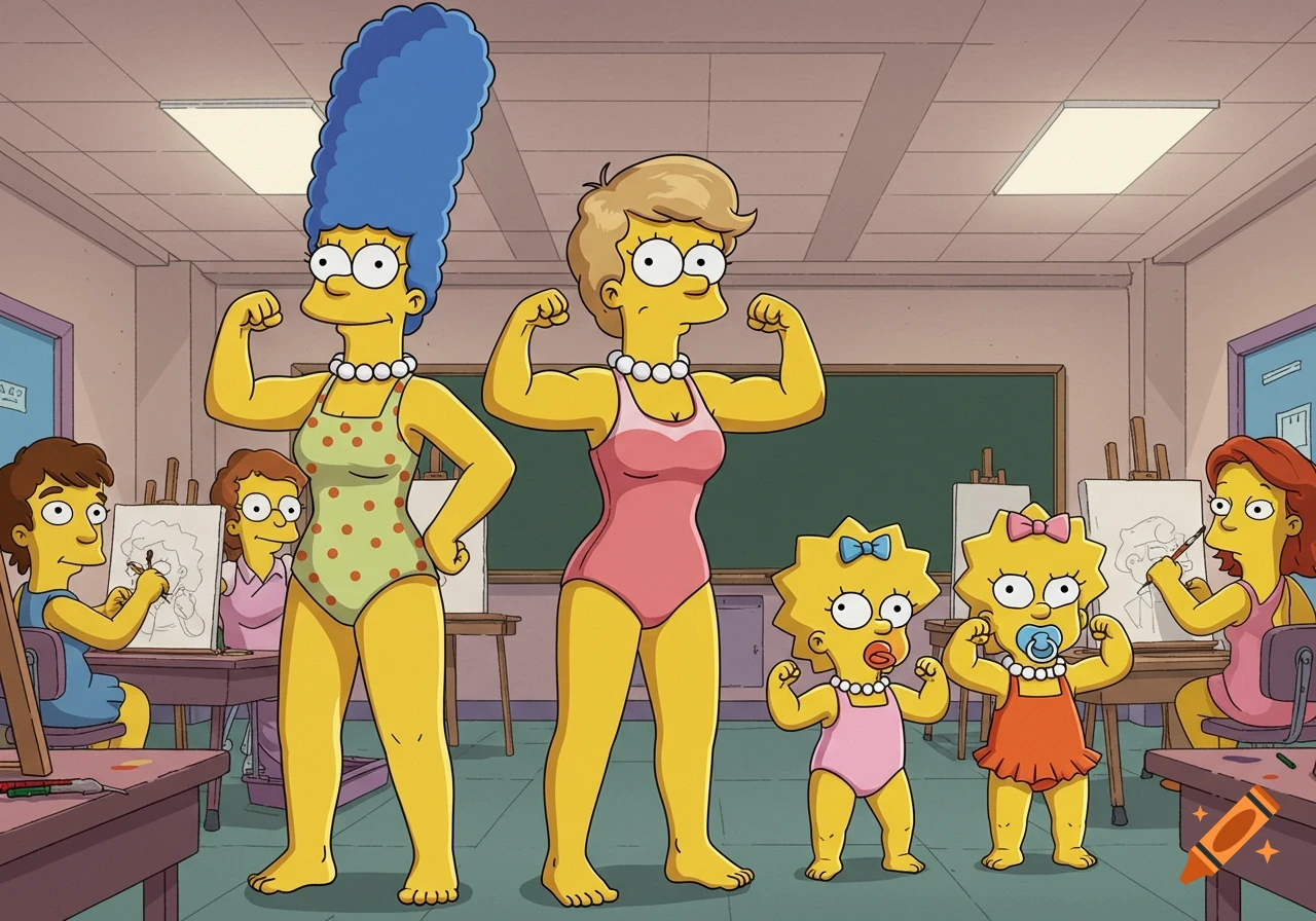 The Simpsons characters Marge, Lisa, and two Maggies in swimsuits flexing muscles in an art classroom.