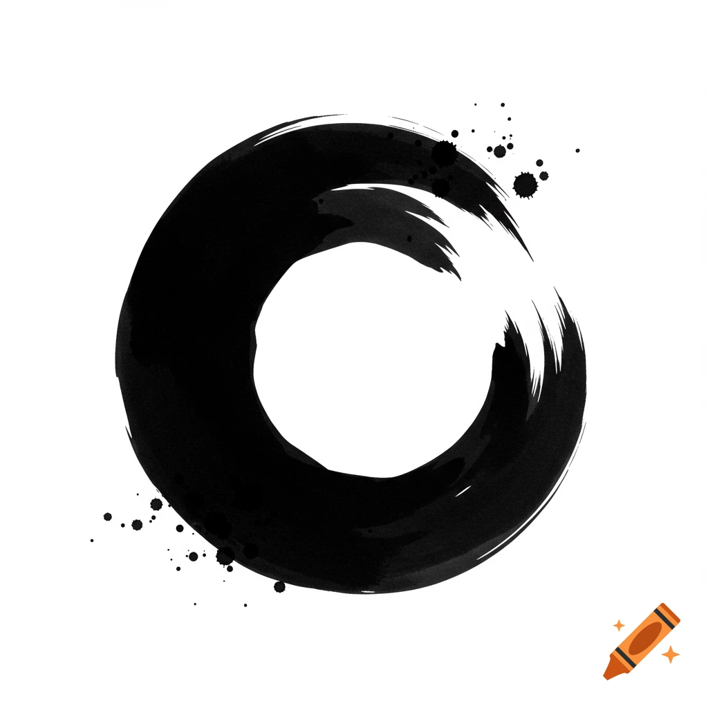 Abstract black ink enso circle on a white background with subtle ink splatters.