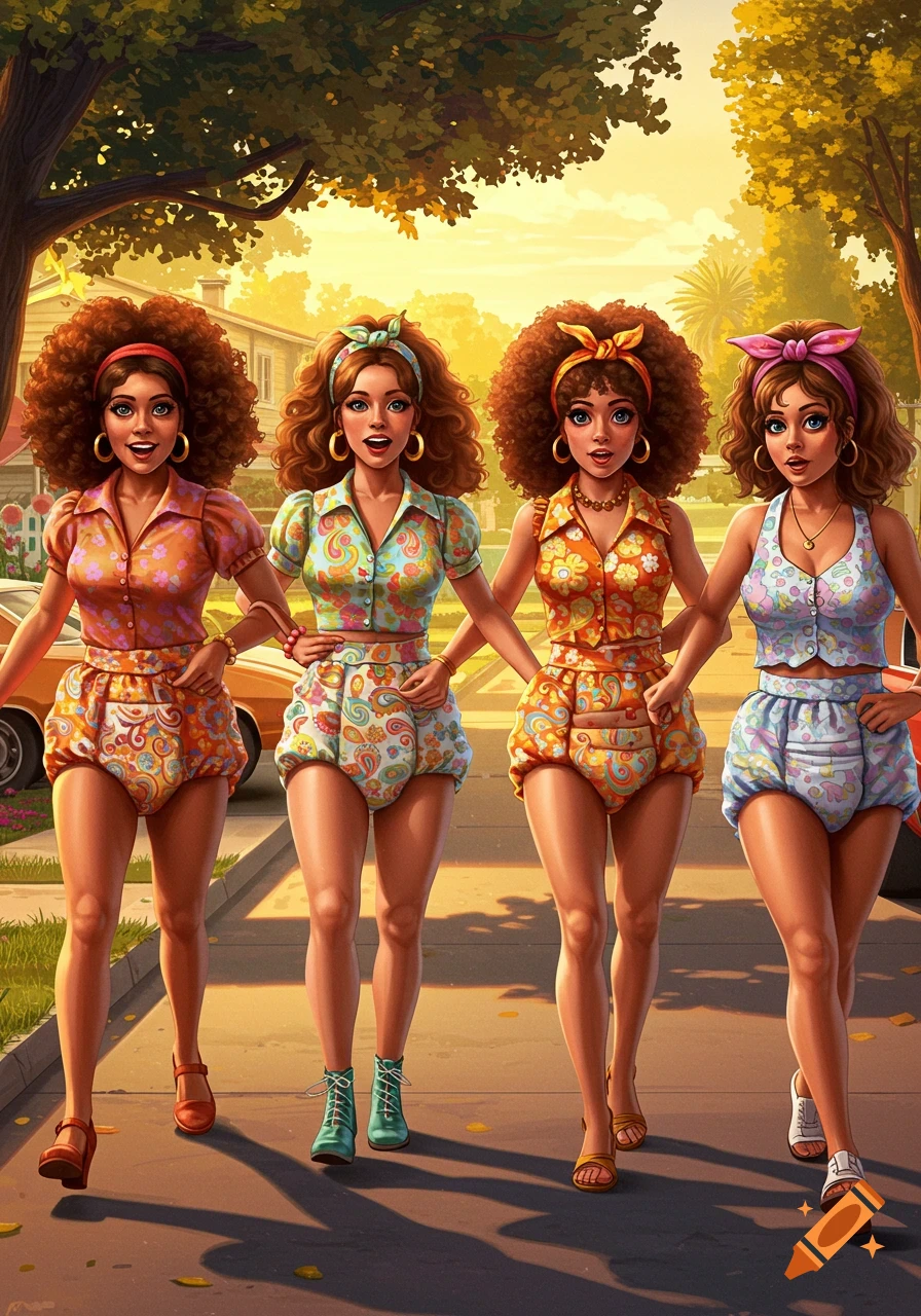 Four women in 1970s-style patterned tops and puffy diaper dresses walk on a sunny street, illustration.
