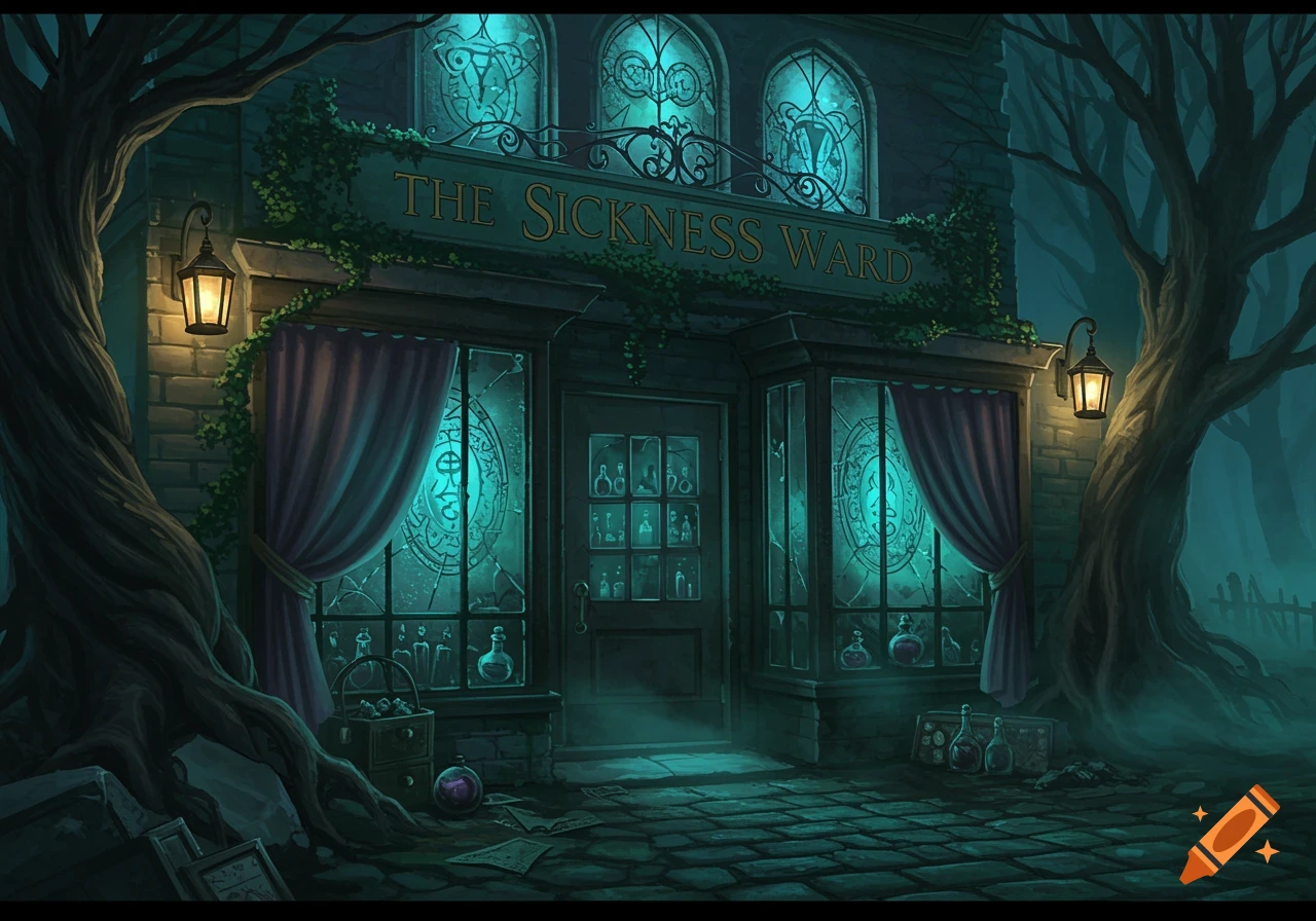 A spooky, dark fantasy shop named 'The Sickness Ward' at night, with glowing teal windows and large gnarled trees.