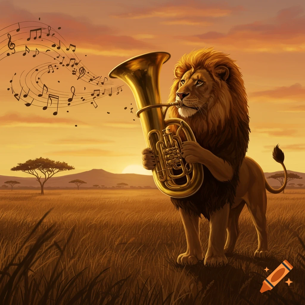 A cartoon lion plays a golden tuba in a golden savannah under a sunset sky, with musical notes floating from the instrument.