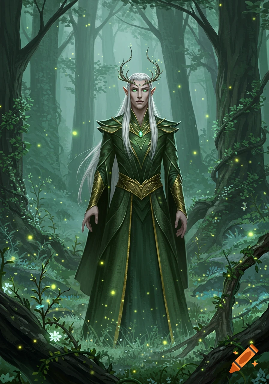A digital painting of an elf with long white hair and antlers, dressed in green and gold robes, standing in a misty forest with glowing lights.