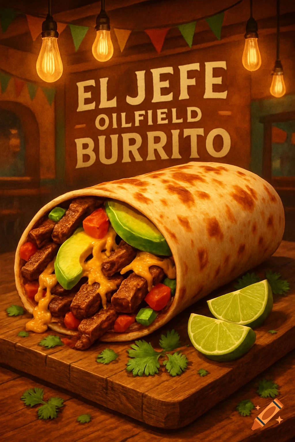 A large burrito filled with steak, avocado, and cheese sauce, on a wooden board with lime wedges. A sign reads 'EL JEFE OILFIELD BURRITO'.