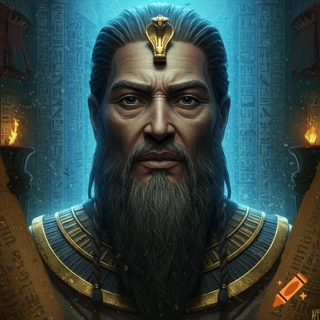 Detailed portrait of an ancient Egyptian wise man with a long beard and a golden cobra headdress, illuminated by blue light with hieroglyphs in the background.