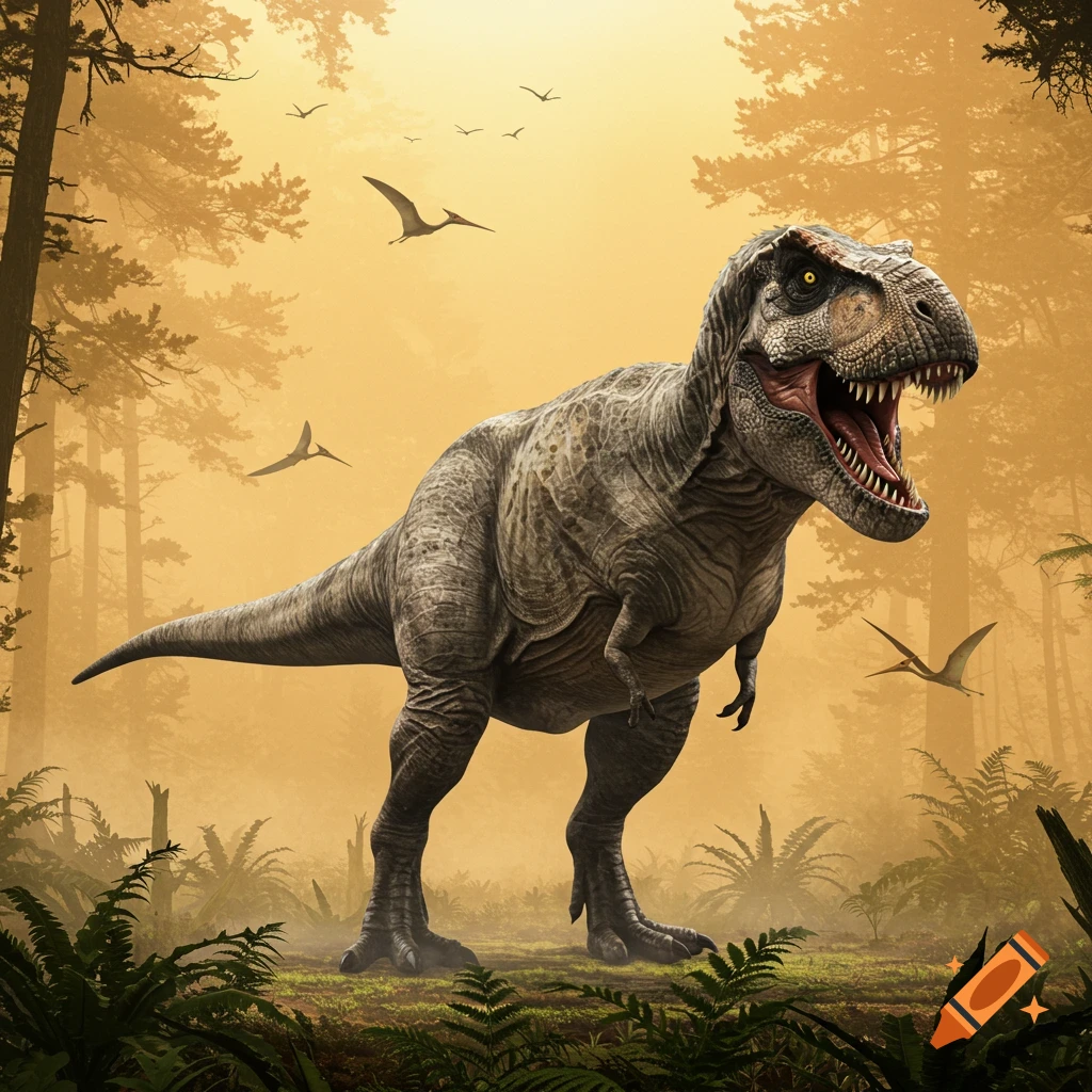 A large, detailed Tyrannosaurus Rex roars in a misty prehistoric forest with flying pterodactyls.