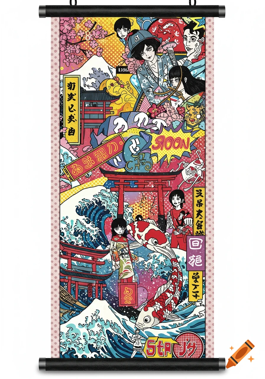 A vibrant pop art Japanese scroll featuring Mount Fuji, Torii gates, cherry blossoms, a large koi fish, ocean waves, and stylized anime-like characters.