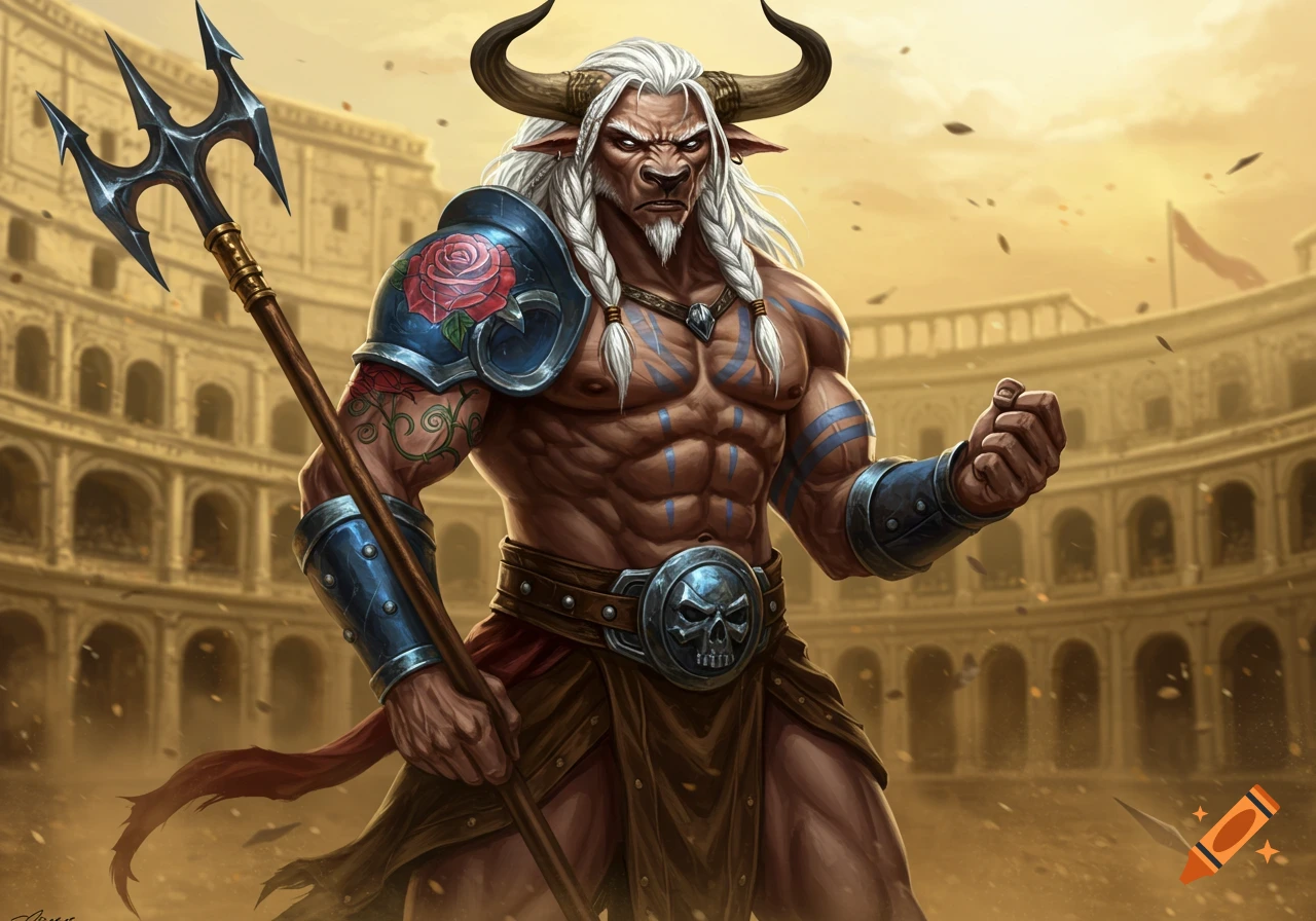 A fierce white-haired minotaur with braids, wielding a trident, stands in a gladiator arena. He wears a blue steel breastplate with a red rose, a leather skirt, and has rose vine tattoos.